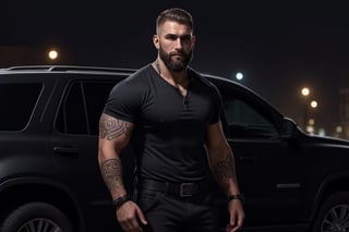 (masterpiece), handsome, arogant, smirk, young, bodyguard, bara, muscular, massive pecs, massive arms, long beard, ((full body black tribal tattoo)), short hair, black cargo pants with black belt, ((black slim bodyguard casual shirt)), ((detalied face)), ((detailed eyes)), night, black suv car in the background, night club entrance background, looking at viewer, Cinematic Lighting,Movie Still,colorful,<lora:659095807385103906:1.0>