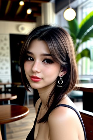 1girl, solo, looking at viewer, short hair, simple background, black hair, bare shoulders, brown eyes, jewelry, sitting at cafe collarbone, upper body, earrings, lips, realistic, nose,,<lora:659111690174031528:1.0>