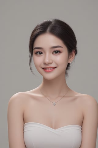 1girl, solo, looking at viewer, smile, simple background, black hair, bare shoulders, brown eyes, jewelry, closed mouth, collarbone, upper body, ponytail, earrings, lips, outstretched arms, forehead, realistic,<lora:659095807385103906:1.0>