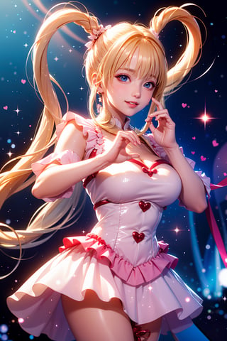 A masterpiece of an idol in a concert setting! A young girl with childlike features and big breasts, adorned in pink-white business attire, dons heart-shaped twintails and holds love in her hands. She strikes a cute pose on stage, where she's surrounded by ruffles and hearts. Her long blond hair flows like a river, framing her face and large breasts, which are showcased under a beautiful floral dress with cross lace details. Blue eyes sparkle with innocence as she blinks slowly, her sweet smile radiating warmth. Sweat glistens on her skin as she performs, her blush deepening as she sings. The spotlight shines brightly on her, casting a warm glow that accentuates the neon lights and sparkles around her. In one hand, she holds a heart, while in the other, she points to the magic circle forming above her, releasing light particles that dance across her body. Her hair accessories, including hair bows and gems, add a touch of whimsy to this enchanting scene.