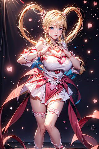 ((Childlike face and big breasts, heart hands, large Heart-shaped twintails,  She wears pink-white business attire, blond very long hair, large breasts , heart cycle 2.0)), cute pose, large breasts, cleavage , blue eyes, (Masterpiece), full body shot, best quality, high resolution, highly detailed, detailed background, movie lighting, 1girl, idol, underbust, stage, stage lights, music, blush, sweet smile, sweat, concert, ruffles, confetti, hearts, hair accessories, hair bows, gems, jewelry, neon lights , bow tie , pointing, spotlight, sparkles, light particles, frame breasts, cross lace,floral dress,hmnl,magic circle