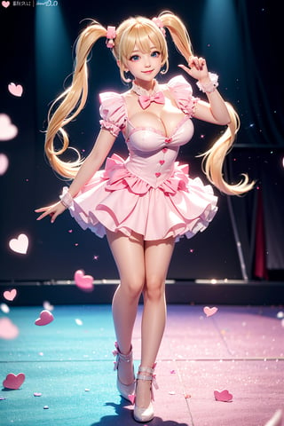 ((handstand, large Heart-shaped twintails,  She wears pink-white school uniform , blond very long hair, large breasts 2.0)), cute pose, large breasts, cleavage , blue eyes, (Masterpiece), full body shot, best quality, high resolution, highly detailed, detailed background, movie lighting, 1girl, Princess, underbust, stage, stage lights, music, blush, sweet smile, sweat, concert, ruffles, confetti, hearts, hair accessories, hair bows, gems, jewelry, neon lights , bow tie , pointing, spotlight, sparkles, light particles, frame breasts, cross lace,floral dress,hmnl