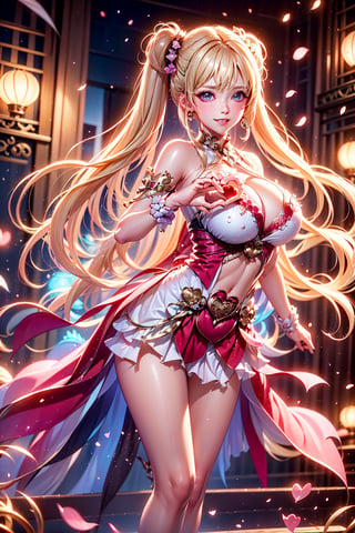 ((Childlike face and big breasts, heart hands, large Heart-shaped twintails,  She wears pink-white business attire, blond very long hair, large breasts , magic cycle, whirlwind of love 2.0)), cute pose, large breasts, cleavage , blue eyes, (Masterpiece), full body shot, best quality, high resolution, highly detailed, detailed background, movie lighting, 1girl, idol, underbust, stage, stage lights, music, blush, sweet smile, sweat, concert, ruffles, confetti, hearts, hair accessories, hair bows, gems, jewelry, neon lights , bow tie , pointing, spotlight, sparkles, light particles, frame breasts, cross lace,floral dress,hmnl,magic circle,girl