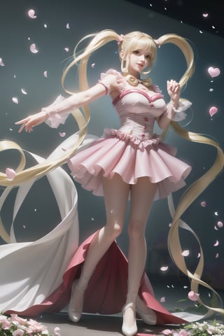 ((Skirt with short front and long back, large Heart-shaped twintails,  She wears pink weeding  dress , blond very long hair, large breasts 2.0)), cute pose, large breasts, cleavage , blue eyes, (Masterpiece), full body shot, best quality, high resolution, highly detailed, detailed background, movie lighting, 1girl, idol, underbust, stage, stage lights, music, blush, sweet smile, sweat, concert, ruffles, confetti, hearts, hair accessories, hair bows, gems, jewelry, neon lights , bow tie , pointing, spotlight, sparkles, light particles, frame breasts, cross lace,floral dress,hmnl
