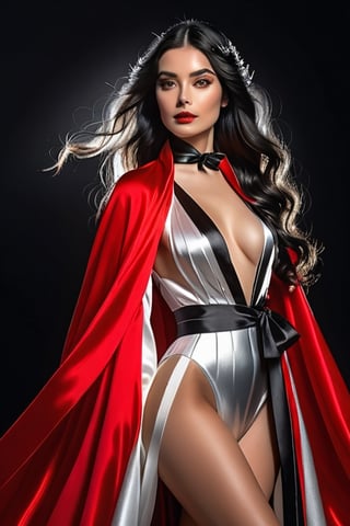 (RAW photo, best quality, masterpiece, ultra-detailed, high res), (realistic),(extremely delicate and beautiful:1), mesmerizing picture of beautiful naked girl with long flowing black hair,, wearing a long silver and red lined satin cape tied at the neck with a ribbon , highly detailed, extremely high-resolution details, photographic, realism pushed to extreme, fine texture, 4k, ultra-detailed, high quality, high contrast 