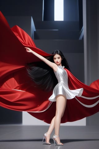 (RAW photo, best quality, masterpiece, ultra-detailed, high res), (realistic),(extremely delicate and beautiful:1), mesmerizing picture of beautiful girl with long black hair,, wearing a long silver and red lined satin cape tied at the neck with a ribbon , silver leotard and short skirt , highly detailed, extremely high-resolution details, photographic, realism pushed to extreme, fine texture, 4k, ultra-detailed, high quality, high contrast 