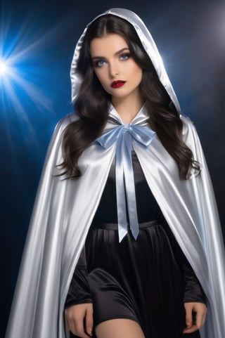 (RAW photo) , highly detailed , ultra realistic , vampire, beautiful, dark hair, blue eyes, 18 years old adult , ((wearing long silver satin cloak tied at the neck with a ribbon)), skater skirt, showing Vampire teeth