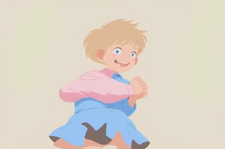 1boy, femboy, 14 year old, slim, thin, solo, looking at viewer, smile, short lenght hair, blond hair, side bangs, blue eyes, open mouth, buck teeth. collared shirt, long sleeves, arms at sides, standing, full body, pink background, simple background,<lora:659095807385103906:1.0>