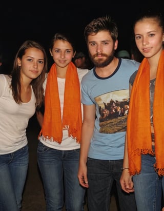 Amateur Cellphone photography photo of a group of girls and 1boy wearing random cloth, tshirt, shirt, jeans, 18years old, beard, Short beard, black beard, hair, hairstyle, long quiff hair, cover shoulders of a orange stole of all girls and 1boy, all girls and 1boy looking at viewer, texture, hyper realistic, detailed, Night, lighting, outdoor, club, random face of group of girls and 1boy, (freckles:0.2) . f8.0, samsung galaxy, noise, jpeg artefacts, poor lighting,  low light, underexposed, high contrast, all people 18 years old, all people shoulder are covered wity stole
