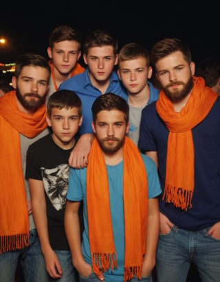 Amateur Cellphone photography photo of a group of boys wearing random cloth, tshirt, shirt, jeans, 17 years old, beard, Short beard, black beard, hair, hairstyle, long quiff hair, cover shoulder of a orange stole of all boy, all boys looking at viewer, texture, hyper realistic, detailed, Night, lighting, outdoor, club, random face of group of boys, (freckles:0.2) . f8.0, samsung galaxy, noise, jpeg artefacts, poor lighting,  low light, underexposed, high contrast,

