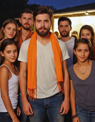 Amateur Cellphone photography photo of a group of girls and 1boy wearing random cloth, tshirt, shirt, jeans, 18years old, beard, Short beard, black beard, hair, hairstyle, long quiff hair, cover shoulders of a orange stole of all girls and 1boy, all girls and 1boy looking at viewer, texture, hyper realistic, detailed, Night, lighting, outdoor, club, random face of group of girls and 1boy, (freckles:0.2) . f8.0, samsung galaxy, noise, jpeg artefacts, poor lighting,  low light, underexposed, high contrast,
