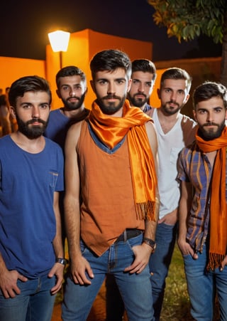 Amateur Cellphone photography photo of a group of boys wearing random cloth, tshirt, shirt, jeans, 17 years old, beard, Short beard, black beard, hair, hairstyle, long quiff hair, cover shoulder of a orange stole of all boy, all boys looking at viewer, texture, hyper realistic, detailed, Night, lighting, outdoor, club, random faces,hubggirl