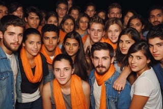Amateur Cellphone photography photo of a group of girls and boys wearing random cloth, tshirt, shirt, jeans, 18years old, beard, Short beard, black beard, hair, hairstyle, long quiff hair, cover shoulders of a orange stole of all girls and boys, all girls and boys looking at viewer, texture, hyper realistic, detailed, Night, lighting, outdoor, club, random face of group of girls and boys, (freckles:0.2) . f8.0, samsung galaxy, noise, jpeg artefacts, poor lighting,  low light, underexposed, high contrast, all peoples 
18years old, all peoples shoulder are covered wity stole, outdoor, night, 
,FLASH PHOTOGRAPHY