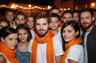 Amateur Cellphone photography photo of a group of girls and boys wearing white tshirt, tshirt, jeans, 18 y/o, beard, Short beard, black beard, hair, hairstyle, long quiff hair, all girls and boys cover shoulders of  orange stole, orange stole, stole, all girls and boys  looking at viewer, texture, hyper realistic, detailed, Night, lighting, outdoor, club, random face of group of girls and boys (freckles:0.2) . f8.0, samsung galaxy, noise, jpeg artefacts, poor lighting,  low light, underexposed, high contrast,

