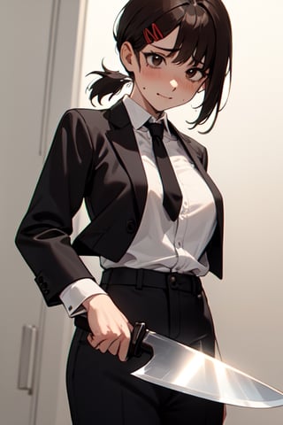 (masterpiece, best quality:1.2), 1girl, solo, kobeni higashiyama, brown hair, hair ornament, hairclip, ponytail, short hair, brown eyes, black necktie, black pants, formal, long sleeves, holding_knife, simple background,closed_mouth,nervous