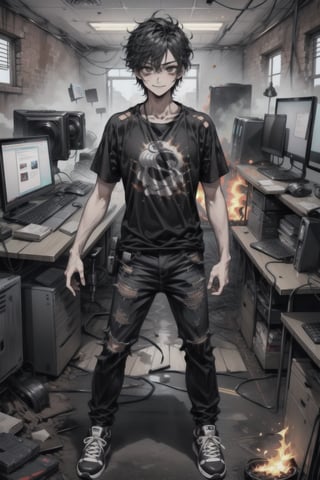 Black hair parted in the middle, black eyes, face not covered by hair. Smile mischievously

The man wears a black round neck t-shirt. Torn jeans and black sneakers

He used his hand to smash the computer screen.
Both computers exploded. The fragments were scattered all over the room. And the fire spread throughout the room, the explosion burst into flames.
font view