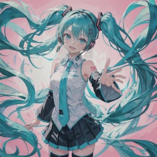 1girl, solo, long hair, looking at viewer, smile, open mouth, bangs, skirt, simple background, shirt, hair ornament, thighhighs, hair between eyes, bare shoulders, twintails, very long hair, blue hair, white shirt, cowboy shot, pleated skirt, detached sleeves, necktie, sleeveless, collared shirt, black thighhighs, miniskirt, black skirt, aqua eyes, zettai ryouiki, sleeveless shirt, aqua hair, headphones, pink background, outstretched arm, hand on own chest, grey shirt, red background, headset, blue necktie, outstretched hand, black sleeves, aqua necktie, hatsune miku,big breasts,fat thighs