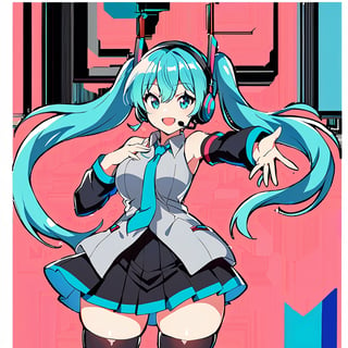 1girl, solo, long hair, looking at viewer, smile, open mouth, bangs, skirt, simple background, shirt, hair ornament, thighhighs, hair between eyes, bare shoulders, twintails, very long hair, blue hair, white shirt, cowboy shot, pleated skirt, detached sleeves, necktie, sleeveless, collared shirt, black thighhighs, miniskirt, black skirt, aqua eyes, zettai ryouiki, sleeveless shirt, aqua hair, headphones, pink background, outstretched arm, hand on own chest, grey shirt, red background, headset, blue necktie, outstretched hand, black sleeves, aqua necktie, hatsune miku,big breasts,fat thighs, transparent background,retroartstyle