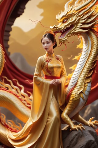 elegant young girl, traditional golden dragon, vibrant colors, majestic pose, flying motion, intricate dragon scales, flowing garments, silk textures, celestial background, ornate details, fantasy theme, ethereal atmosphere, dynamic composition, rich cultural elements, mythical vibe, (masterpiece: 2), best quality, ultra highres, original, extremely detailed, perfect lighting,Chinese Dragon,Katon,aotac,daxiushan,golden dragon