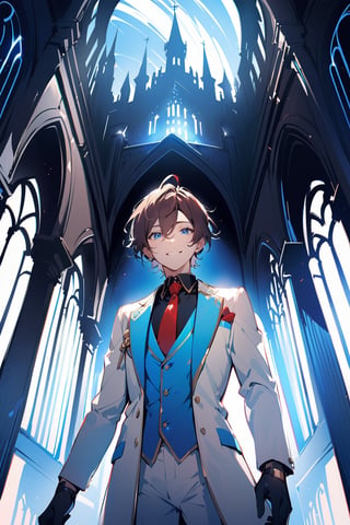 1 boy, alone, short hair, brown hair, bangs, hair between the eyes, messy hair, tuft of white hair, blue eyes, smile, suit, white suit, blue vest, white jacket, black shirt, white pants, ornate clothing , blue light, castle, de noce, from below, red tie, black gloves