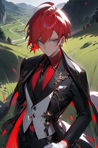 1 boy, alone, short hair, red hair, pixie cut, bangs, ahoge, gray eyes, expressionless, black suit, black tie, black jacket, white vest, red shirt, black pants, white gloves, decorated clothes, perfect light, hills, green grass,niji5