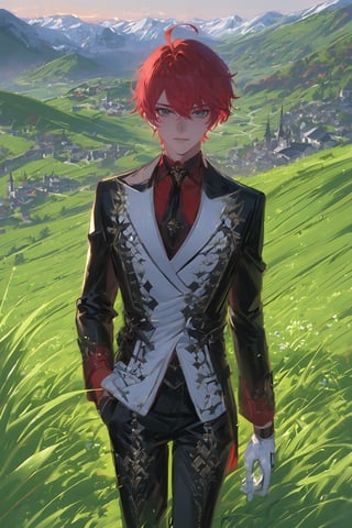 1 boy, alone, short hair, red hair, pixie cut, bangs, ahoge, gray eyes, expressionless, black suit, black tie, black jacket, white vest, red shirt, black pants, white gloves, decorated clothes, perfect light, hills, green grass,niji5