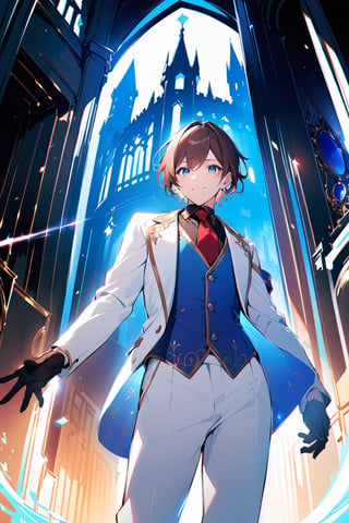 1 boy, alone, short hair, brown hair, bangs, hair between the eyes, tuft of white hair, blue eyes, smile, suit, white suit, blue vest, white jacket, black shirt, white pants, ornate clothing , blue light, castle, de noce, from below, red tie, black gloves, cowboy shot