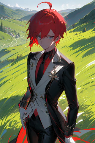 1 boy, alone, short hair, red hair, pixie cut, bangs, ahoge, gray eyes, expressionless, black suit, black tie, black jacket, white vest, red shirt, black pants, white gloves, decorated clothes, perfect light, hills, green grass,niji5, cowboy shot