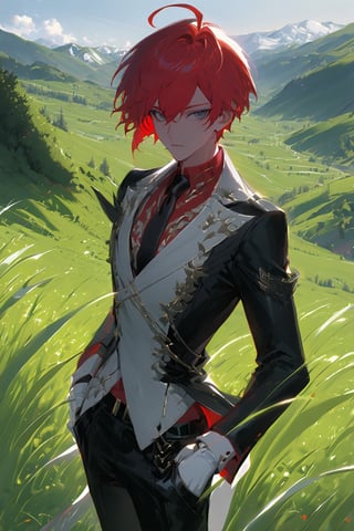 1 boy, alone, short hair, red hair, pixie cut, bangs, ahoge, gray eyes, expressionless, black suit, black tie, black jacket, white vest, red shirt, black pants, white gloves, decorated clothes, perfect light, hills, green grass,niji5, cowboy shot