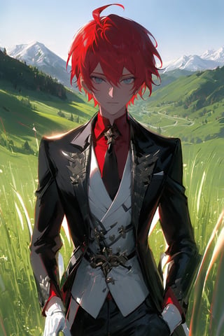 1 boy, alone, short hair, red hair, pixie cut, bangs, ahoge, gray eyes, expressionless, black suit, black tie, black jacket, white vest, red shirt, black pants, white gloves, decorated clothes, perfect light, hills, green grass,niji5, cowboy shot