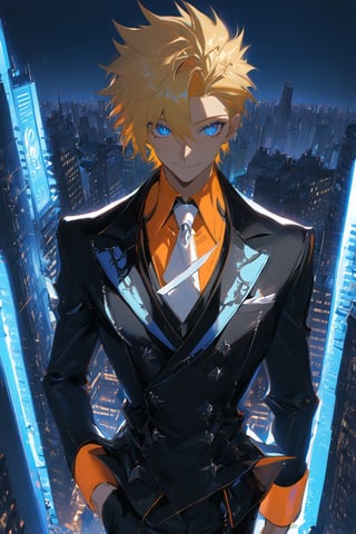 1 boy, alone, short hair, blonde hair, spiked hair, pixie cut, bangs, pale blue eyes, smile, black suit, black jacket, white vest, orange shirt, black pants, white tie, decorated clothes, perfect light, city , at night, niji5, cowboy shot