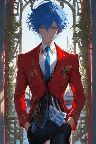 1 boy, alone, short hair, blue hair, wavy hair, pixie cut, bangs, yellow eyes, smile, red suit, red jacket, black vest, white shirt, black pants, blue tie, decorated clothes, perfect light, port, niji5, cowboy shot