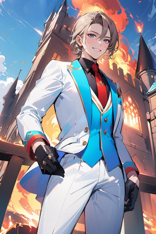 1 boy, alone, short hair, brown hair, bangs, hair between the eyes, messy hair, tuft of white hair, blue eyes, smile, suit, white suit, blue vest, white jacket, black shirt, white pants, ornate clothing , blue light, castle, de noce, city on fire, from below, red tie, black gloves,niji5