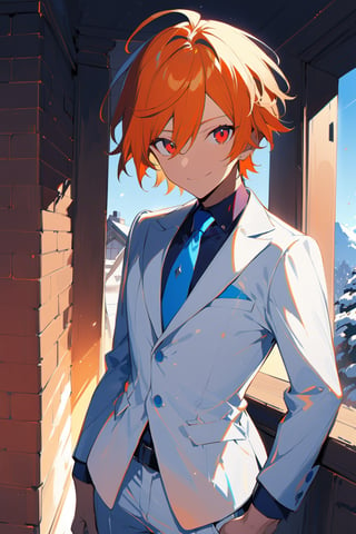 1 boy, alone, ((short hair)), orange hair, swept bangs, ahoge, red eyes, smile, white suit, white jacket, dark blue shirt, blue tie, white pants, decorated clothes, perfect light, Ogareña house, chimney, cowboy shot