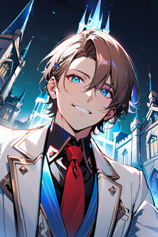 1 boy, alone, short hair, brown hair, bangs, hair between the eyes, messy hair, tuft of white hair, blue eyes, smile, suit, white suit, blue vest, white jacket, black shirt, white pants, ornate clothing , blue light, castle, de noce, from below, red tie, black gloves