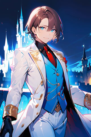 1 boy, alone, short hair, brown hair, bangs, hair between the eyes, blue eyes, smile, suit, white suit, blue vest, white jacket, black shirt, white pants, ornate clothing , blue light, castle, de noce, red tie, black gloves, cowboy shot