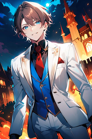 1 boy, alone, short hair, brown hair, bangs, hair between the eyes, messy hair, tuft of white hair, blue eyes, smile, suit, white suit, blue vest, white jacket, black shirt, white pants, ornate clothing , blue light, castle, de noce, city on fire, from below, red tie, black gloves
