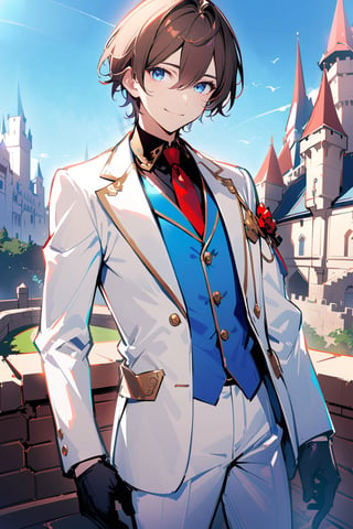 1 boy, alone, short hair, brown hair, bangs, hair between the eyes, blue eyes, smile, suit, white suit, blue vest, white jacket, black shirt, white pants, ornate clothing , blue light, castle, de noce, red tie, black gloves, cowboy shot