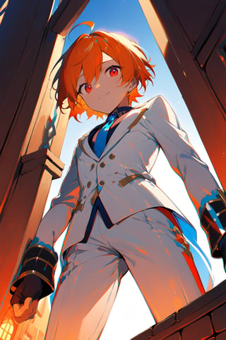 1 boy, alone, ((short hair)), orange hair, swept bangs, ahoge, red eyes, smile, white suit, white jacket, dark blue shirt, blue tie, white pants, decorated clothes, perfect light, Ogareña house, chimney, from below