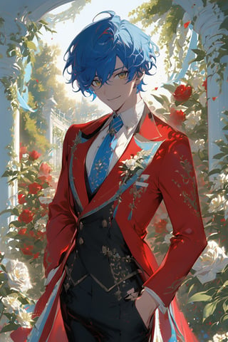 1 boy, alone, short hair, blue hair, wavy hair, pixie cut, bangs, yellow eyes, smile, red suit, red jacket, black vest, white shirt, black pants, blue tie, decorated clothes, perfect light, garden roses, niji5, cowboy shot