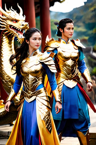The female warriors of Olympus stood ready for battle, their weapons and armor at the ready. One of them wore a blue ao dai with gold armor adorned with a dragon pattern covered in gold.The other warriors looked on with respect and admiration, knowing that their comrade was a skilled fighter and a fierce ally. As they prepared to face their enemy, they knew that they would fight with honor and courage, just as their ancestors had done before them. Their spirits were strong, their minds focused, and their hearts filled with determination. They were the protectors of Olympus, and they would defend their home at any cost.