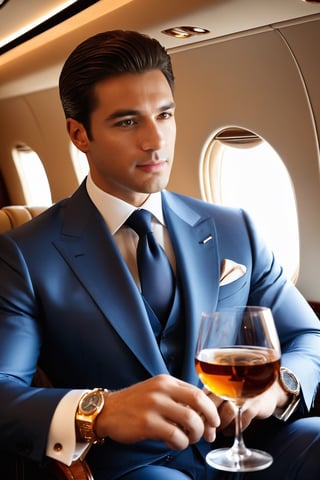 In this visually stunning image, we are presented with a distinguished business man, seated in the opulence of his private jet, savoring a glass of cognac. The carefully crafted lighting, combining the soft glow of polygon lights with the gentle illumination of the jet's window, accentuates the man's refined features and showcases his impeccable taste in luxurious attire. With each meticulously tailored thread, his clothing exudes elegance and sophistication. The focal point of the composition is his left hand, adorned with a Vacheron Constantin Overseas watch, symbolizing his status and success. This captivating portrayal, perhaps a meticulously detailed photograph, encapsulates the utmost quality and glamour, leaving viewers mesmerized by the epitome of wealth and influence.