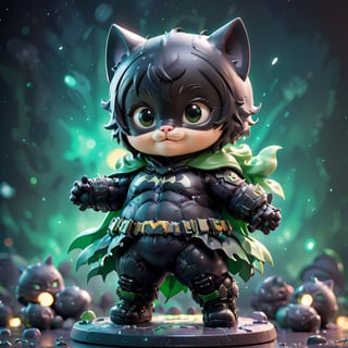 ((Toy), (3D Batman Figure), (3D Cute Black Kitten Figure)) Close-up Angle, Green Eyes, Batman Mask, Charming Smile, Full Body Batman Costume, Detailed Focus, Deep Bokeh, Beautiful, Dark Cosmic Background. Visually pleasing to the eye, 3D, more detailed XL, chibi, fat