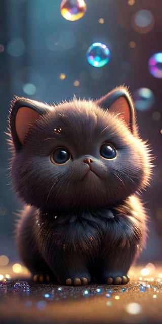 ((Cut Toy), (3D Black Kitten)) Close-up angle surrounded by glittering dream bubbles, animals, detailed focus, fat highlighting kittens, deep bokeh, beautiful, dark cosmic background. Visually pleasing, 3D, more details XL, Chibi,