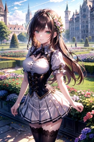  flower garden, castle, masterpiece, best quality, high resolution, highly detailed, detailed background, daylight, 1 girl, brown long hair, green eyes, blouse, short sleeve, corset, white pleated skirt, thighhighs, skinny, medium breasts, smile