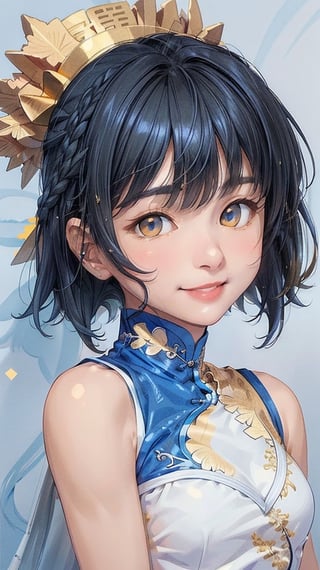 (photorealistic:),(masterpiece, sidelights, exquisite gentle eyes), (character focus,face focus,close to viewer,portrait,masterpiece),cute face、 3D face,(black long hair,straight hair),(braided bangs),(1 girl),(gold eyes)
,(upper body),(sleeveless china dress,gold embroidery),(kind face),(contrapposto)、(head tilt),
(cute face),(gentle smile),Gentle face,(small breasts),(blue gradient background)、
neat and clean、adorable、Slim Body,(tsurime),,shiny hair, shiny skin、,niji,sketch,manga,aura,,blue,lighs
lighs,
,lighs,bzillust
nsfw,