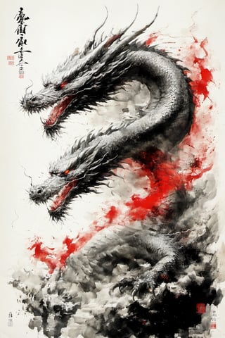 chinese dragon, red eyes, sharp teeth, open mouth, teeth, from side, chinese text, signature,Dragon