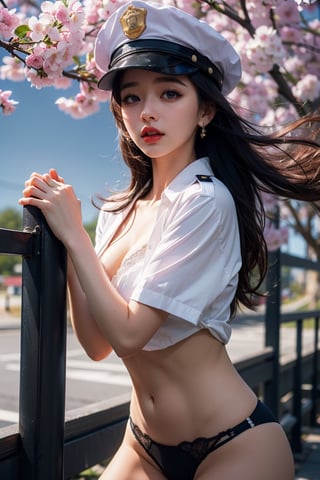 (masterpiece, best quality, photorealistic, high resolution, 8K raw photo , 21yo beautiful korean, girl,police,wear only shirts,white shirt,decoration,badge of rank,police hat,policewoman,big bust,thong panty,side tie panty,lavender, jewelry,beautiful Slender,very long hair,look at viewer,erotic pose,ellegance,sexy,smooth skin,sensuality and allure, cleavage, detailed face, detailed hands. makeup, glossy lips, sensual pose, in pain, cherry blossom,(typhoon winds, tornado winds),captivating and visually stunning piece of fractal art featuring,created by a renowned artist, displaying extremely intricate details, Formal artistic quality with strong aesthetic appeal. High resolution rendering 8k, look at viewer,standing,,1 girl,ValkyriePoliceStudent, 