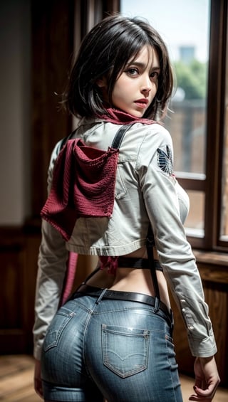1girl, ,hmmikasa, {{{masterpiece}}}, 
{{{best quality}}}, {{{ultra-detailed}}}, {{{highres}}}, {cinematic lighting}, sexy body, Mikasa with a brown crop closed jacket, ((white pants)), red scarf, white crop top underneath, {abs}, {thigh straps}, {attack on Titan gear}, {attack on Titan swords}, emblem, 0.7(0.65(xxmix9realistic_v30), ,0.7(majicmixRealistic_v6), detailed skin,, {thin waist} , looking back, big ass, sexy ass, short hair,big_breast,