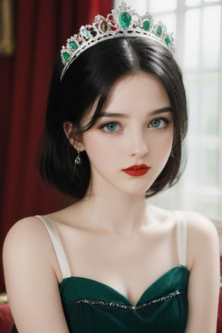 FilmGirl, 1 girl, young 18 princess, european, white_skin, emerald_eyes, red_lips, black hair
